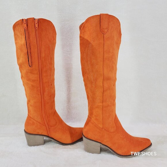 Wild Ones Orange Faux Suede Country Western Cowgirl Knee Boots - Picture 10 of 15
